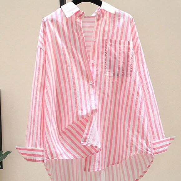 Pink Casual Women's Striped Print Long Sleeve Chest Pocket Shirt - Picture 1 of 3